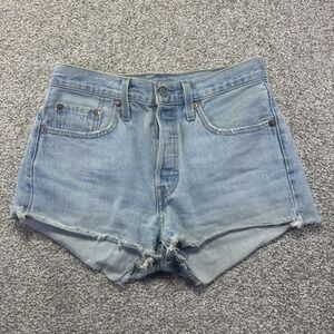 Levis 501 Shorts Womens W26 Light Wash Blue Denim Cutoff Frayed Hem Button Fly